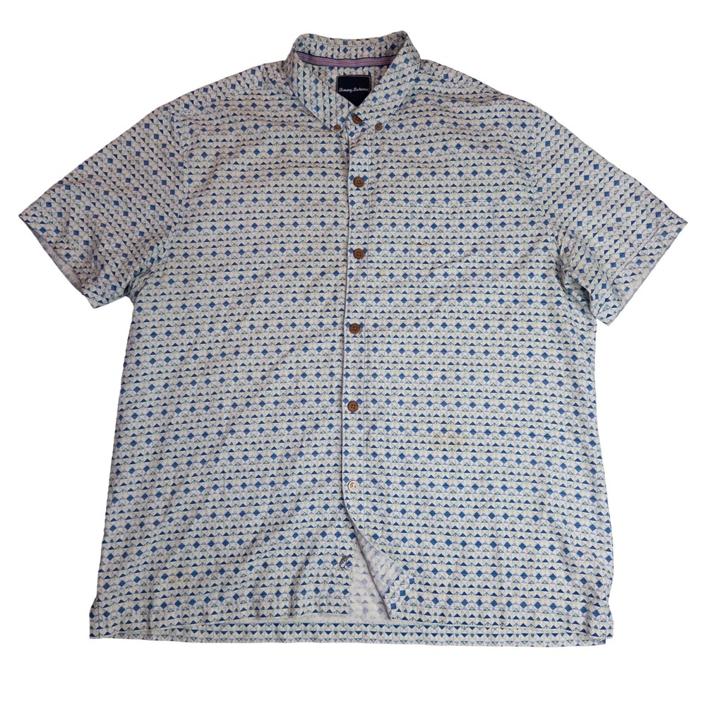 Tommy Bahama Button Down Shirt Mens XXL Blue Silk Geometric Print Short Sleeve